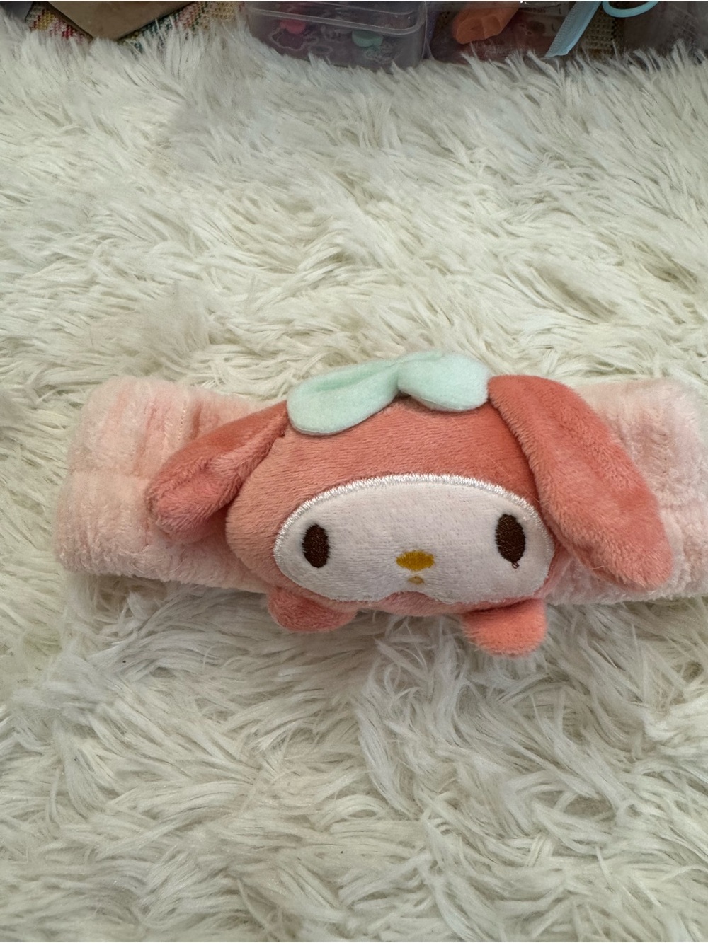 Sanrio My Melody Plush Headband in Peach Pink with Mint Bow makeup skincare spa